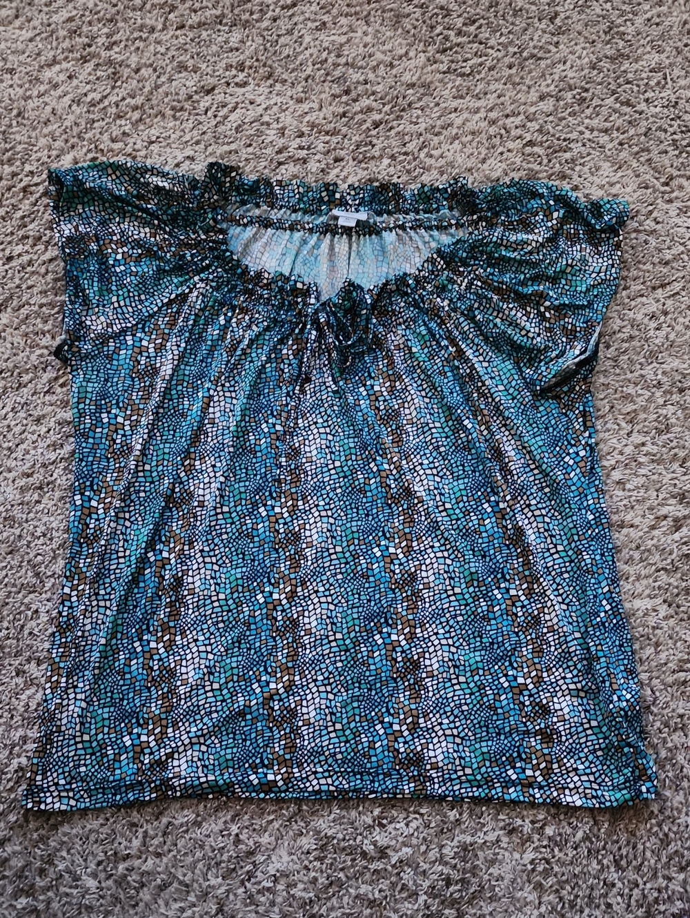 Worthington Teal Mosaic Short Sleeve Peasant Top